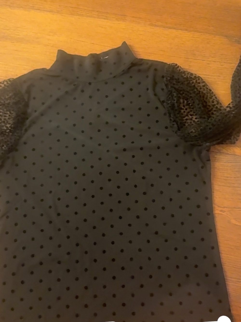 Eva Franco Black Polka Dot Mock Neck Top with Sheer Patterned Sleeves - Picture 14 of 14